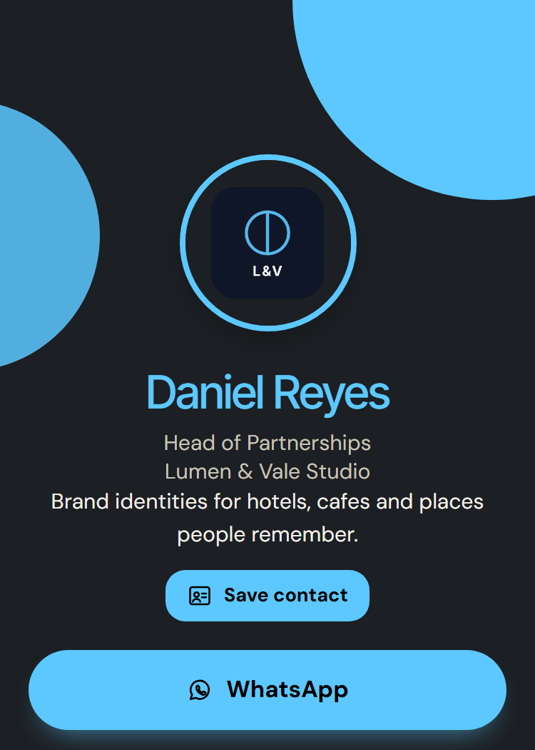 The published card on a phone: the logo in a ring, Daniel Reyes's name in blue, his job and studio, a Save contact button and a WhatsApp button.