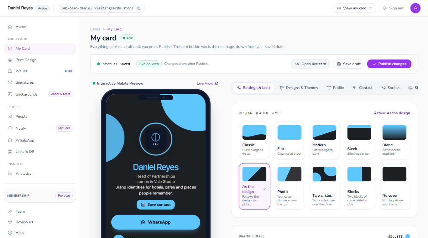 The card builder in the dashboard: the live phone preview of Daniel Reyes's card on the left, and on the right the Settings and Look panel with ten header styles and the brand colour.