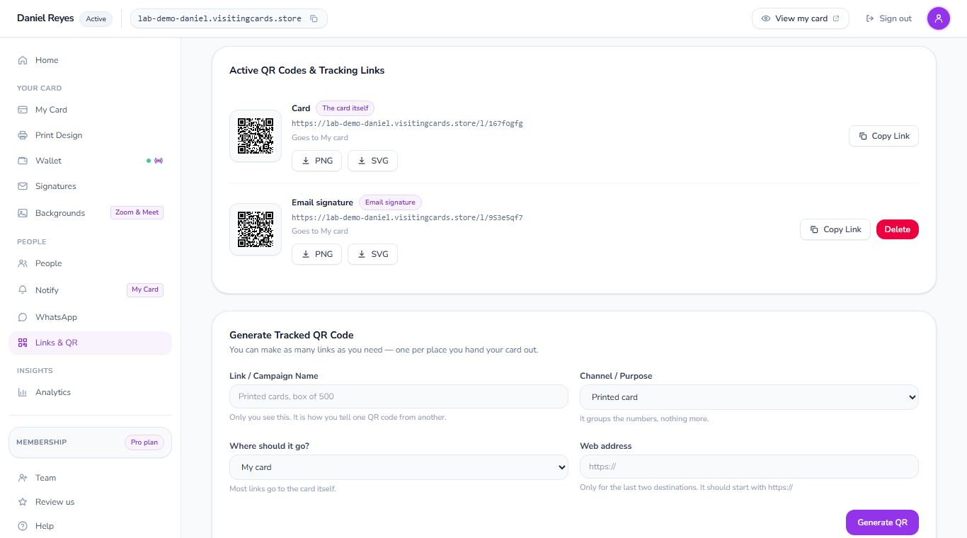 The card's QR codes on the Links and QR screen: one for the card itself and one for the email signature, each with its own address, PNG and SVG downloads, and the form that makes a new tracked code.