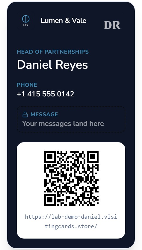 The wallet pass as the Wallet screen draws it: the studio's logo and name at the top, HEAD OF PARTNERSHIPS over Daniel Reyes, his phone number, a message row and a QR code on white.