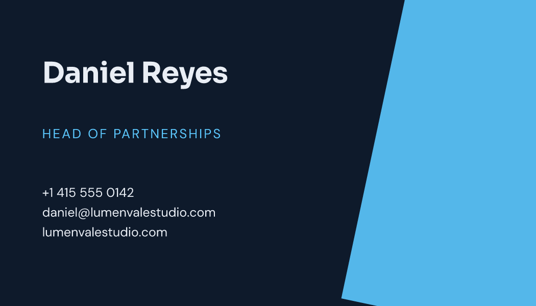 A dark navy business card for Daniel Reyes, Head of Partnerships, with a bright blue slash on the right and his phone, email and website in white.