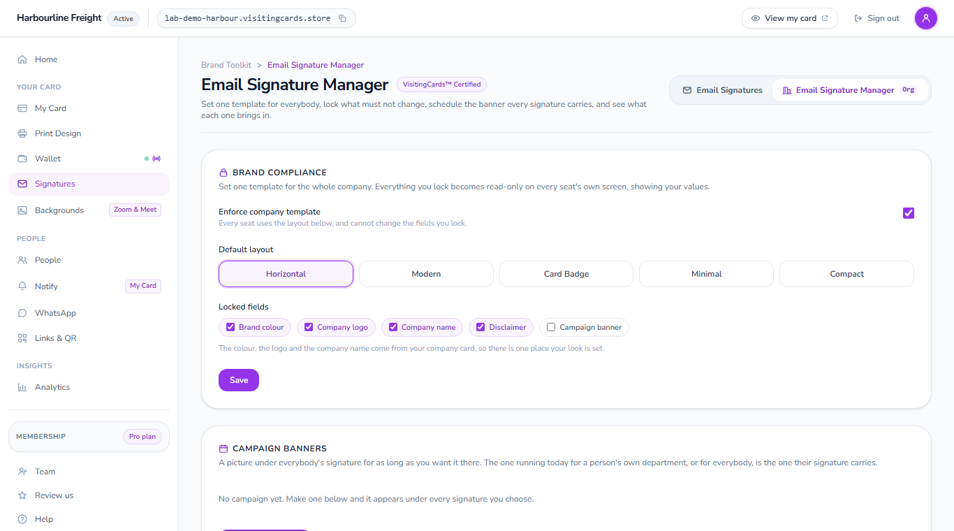 The Brand Compliance panel of the email signature manager: the company template switched on, the Horizontal layout chosen for everybody, and four fields ticked as locked: brand colour, company logo, company name and disclaimer.