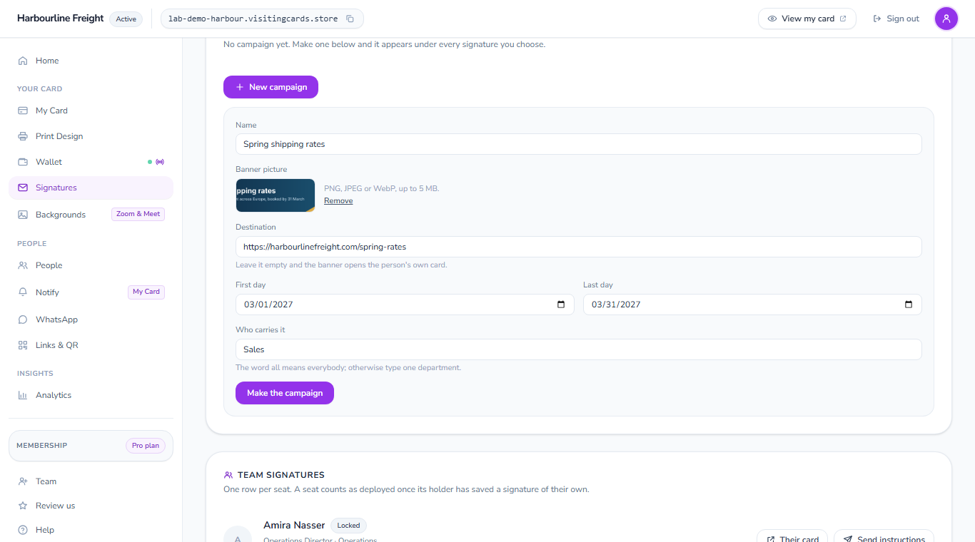 The new campaign form filled in: a name, the banner picture uploaded, the address it opens, a first and a last day, and the one department that carries it.