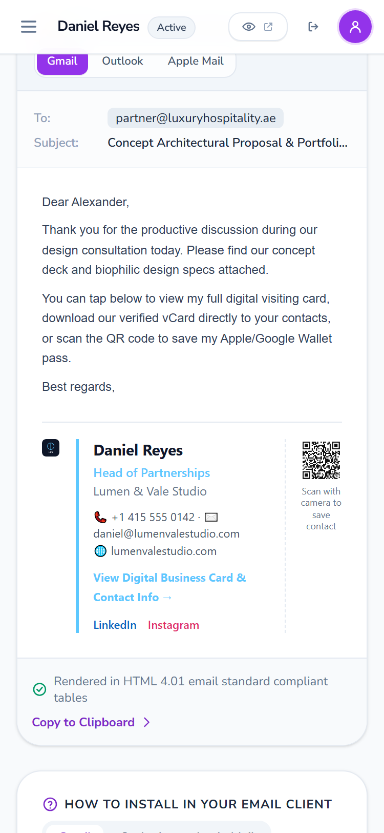 The same email signature screen on a phone: the letter and the whole signature under it, with the logo, the contact lines and the QR code, nothing cut off at the edge.