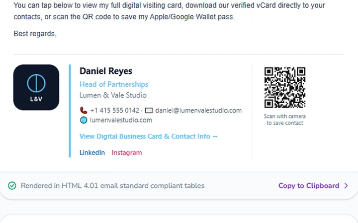 An email signature with a logo, a name, contact details and a QR code, shown in an email.