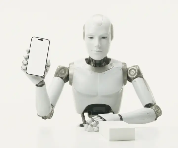A white robot at a desk, holding its phone up to show the screen