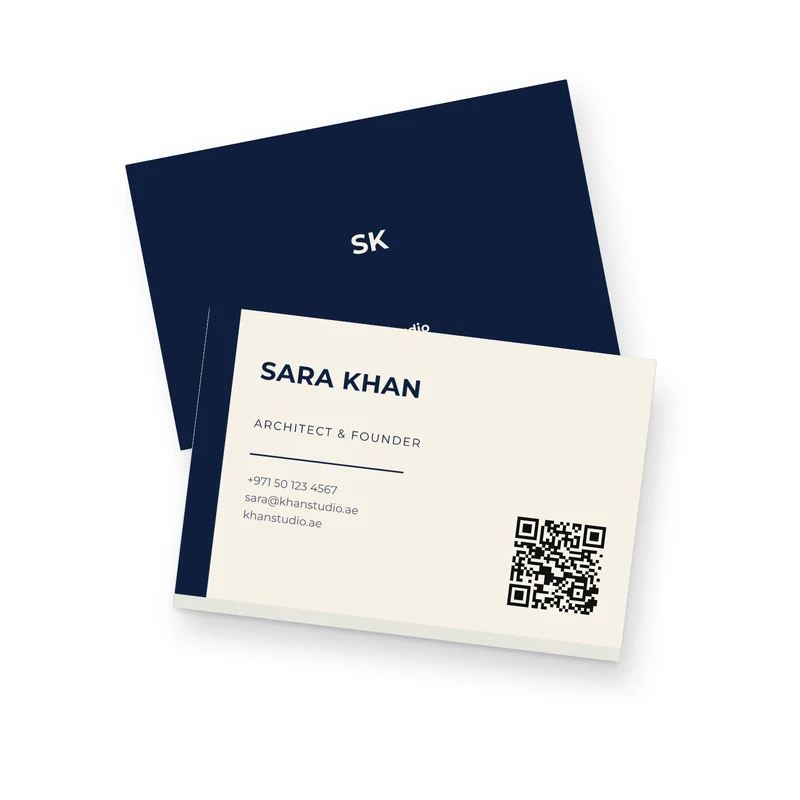 A stack of printed business cards on 350 gsm matte paper