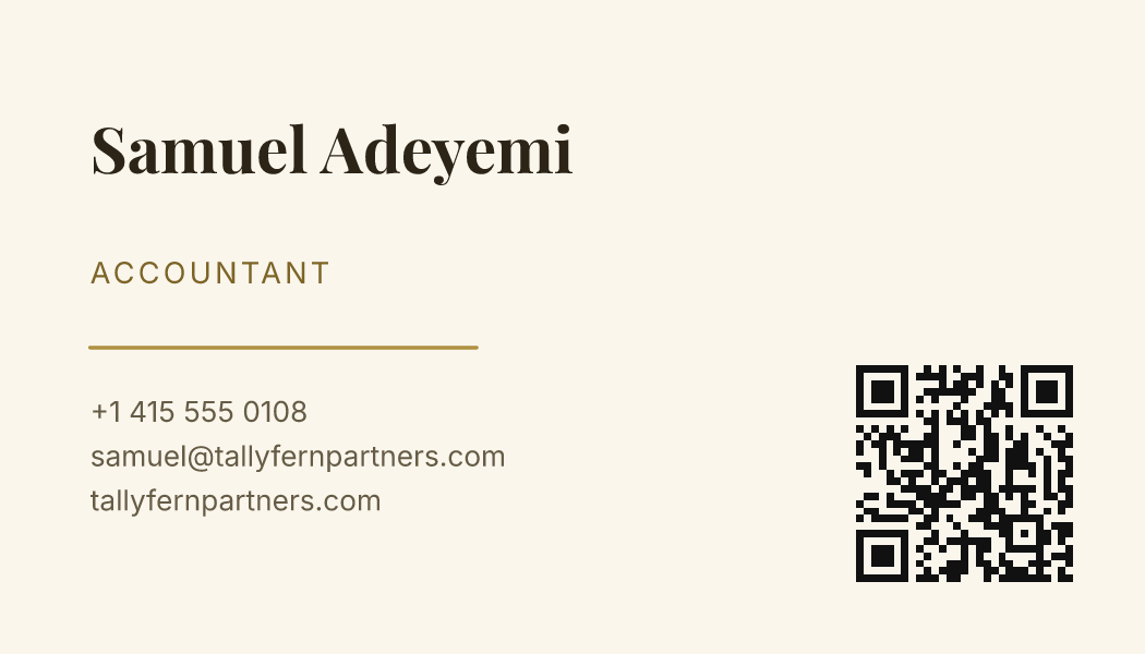 The Champagne Classic business card design filled in for Samuel Adeyemi, Accountant at Tallyfern Partners, with a phone number, an email, a website and a QR code.