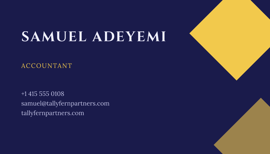 The Royal Facet business card design filled in for Samuel Adeyemi, Accountant at Tallyfern Partners, with a phone number, an email, a website and a QR code.