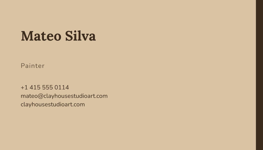 The Kraft Edge business card design filled in for Mateo Silva, Painter at Clayhouse Studio, with a phone number, an email, a website and a QR code.