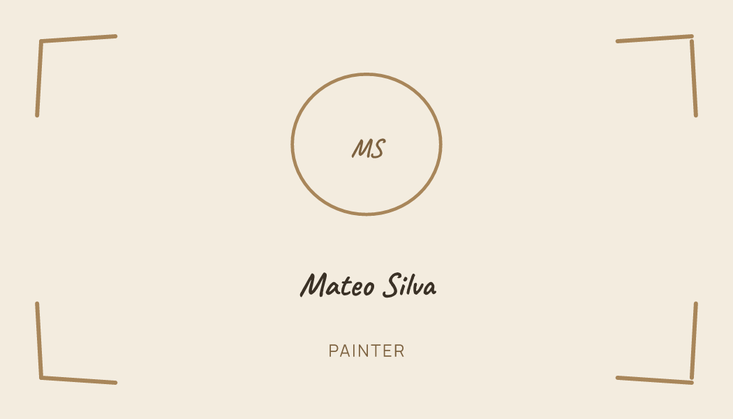The Sand Sketch Frame business card design filled in for Mateo Silva, Painter at Clayhouse Studio, with a phone number, an email, a website and a QR code.