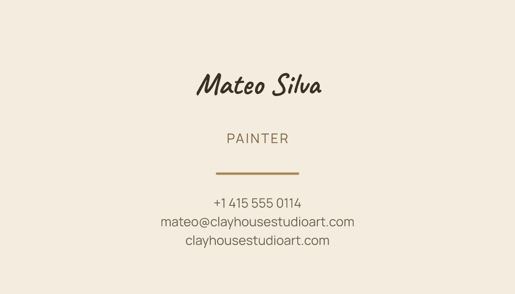 The Sand Script business card design filled in for Mateo Silva, Painter at Clayhouse Studio, with a phone number, an email, a website and a QR code.