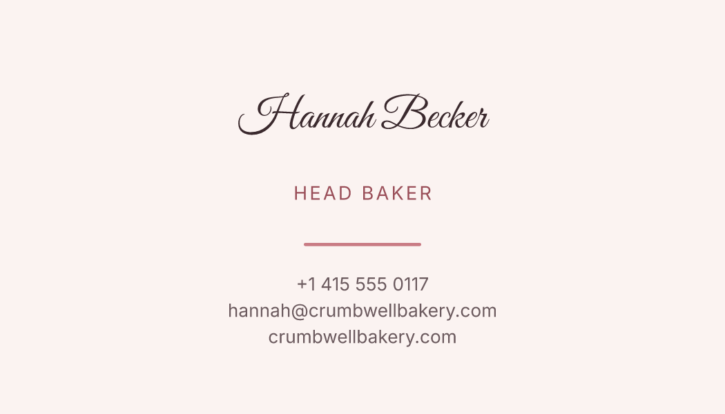 The Blush Script business card design filled in for Hannah Becker, Head Baker at Crumbwell Bakery, with a phone number, an email, a website and a QR code.