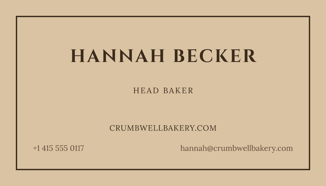 The Kraft Frame business card design filled in for Hannah Becker, Head Baker at Crumbwell Bakery, with a phone number, an email, a website and a QR code.