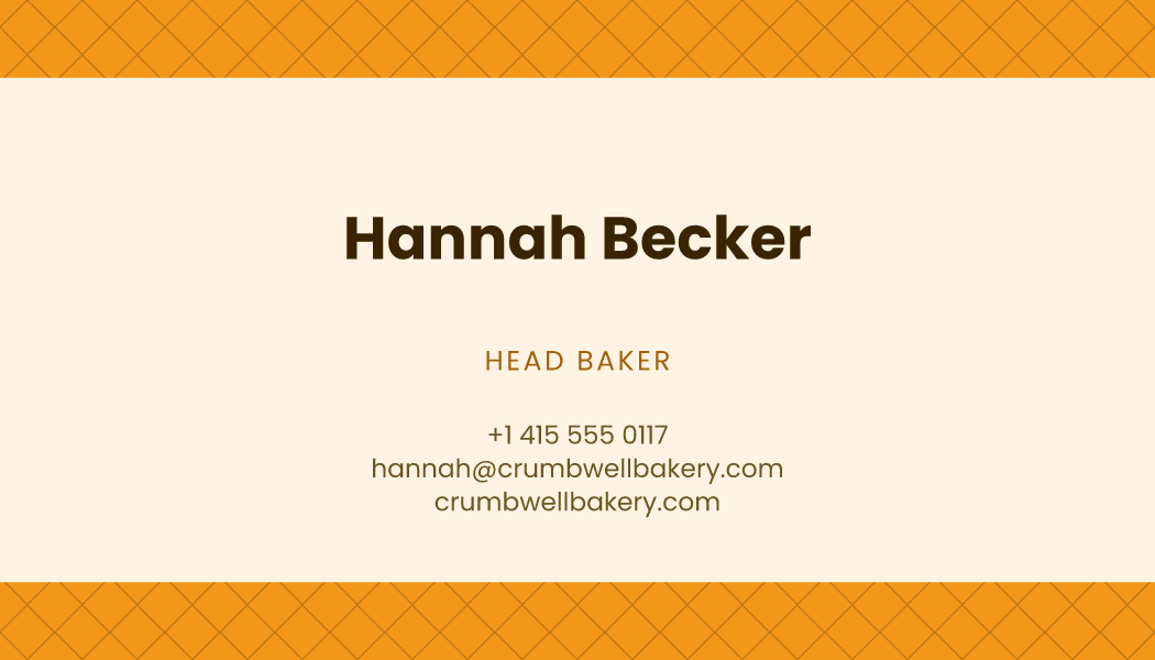 The Marigold Diner business card design filled in for Hannah Becker, Head Baker at Crumbwell Bakery, with a phone number, an email, a website and a QR code.