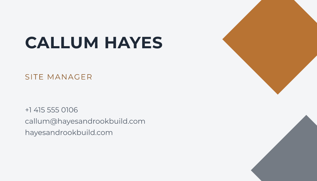 The Slate & Copper Facet business card design filled in for Callum Hayes, Site Manager at Hayes & Rook Builders, with a phone number, an email, a website and a QR code.