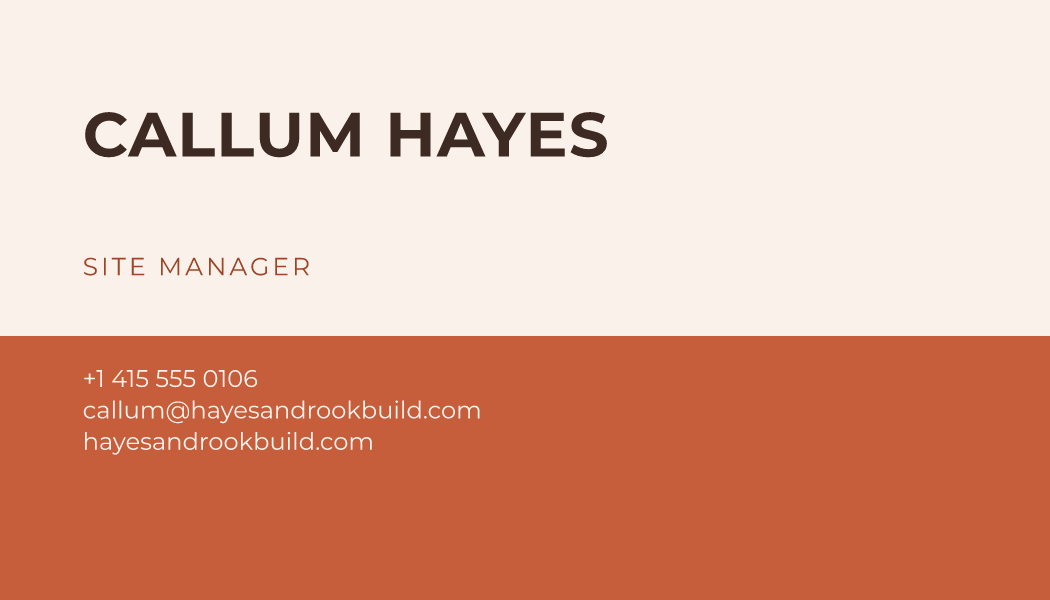 The Terracotta Block business card design filled in for Callum Hayes, Site Manager at Hayes & Rook Builders, with a phone number, an email, a website and a QR code.