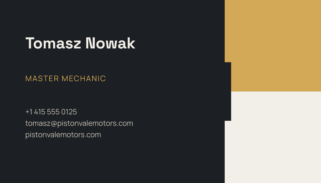 The Graphite Blocks business card design filled in for Tomasz Nowak, Master Mechanic at Pistonvale Motors, with a phone number, an email, a website and a QR code.