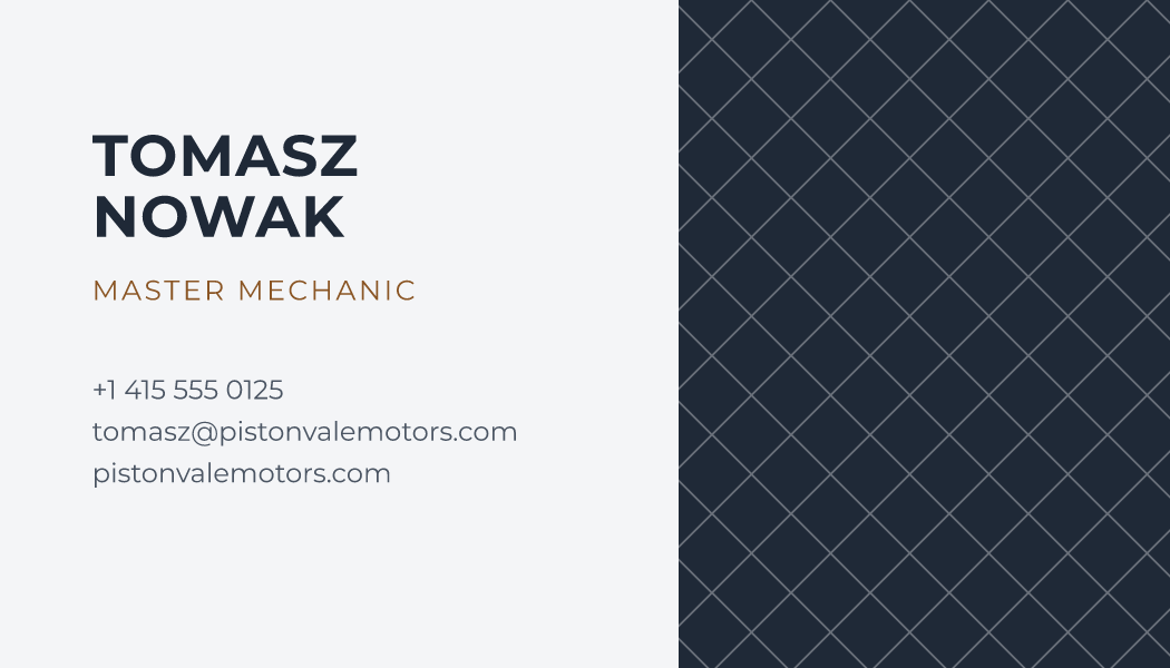 The Slate & Copper Field business card design filled in for Tomasz Nowak, Master Mechanic at Pistonvale Motors, with a phone number, an email, a website and a QR code.