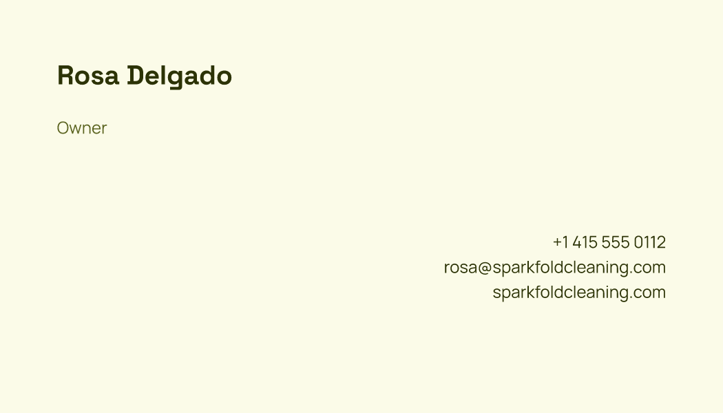 The Citrus Quiet business card design filled in for Rosa Delgado, Owner at Sparkfold Cleaning, with a phone number, an email, a website and a QR code.