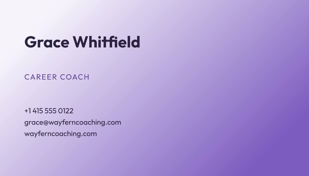 The Lilac Wash business card design filled in for Grace Whitfield, Career Coach at Wayfern Coaching, with a phone number, an email, a website and a QR code.