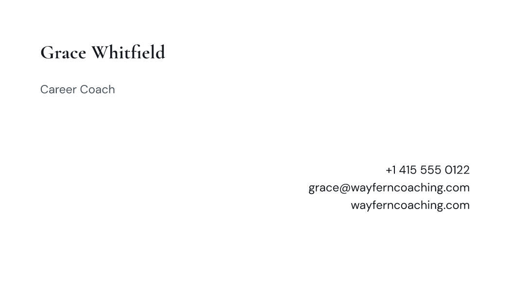 The Paper Quiet business card design filled in for Grace Whitfield, Career Coach at Wayfern Coaching, with a phone number, an email, a website and a QR code.