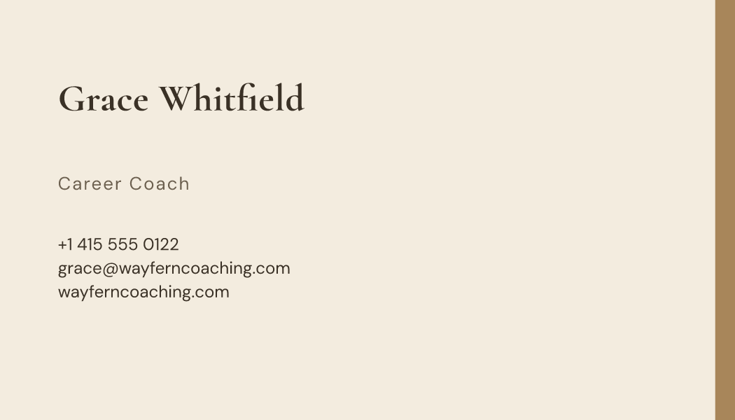 The Sand Edge business card design filled in for Grace Whitfield, Career Coach at Wayfern Coaching, with a phone number, an email, a website and a QR code.