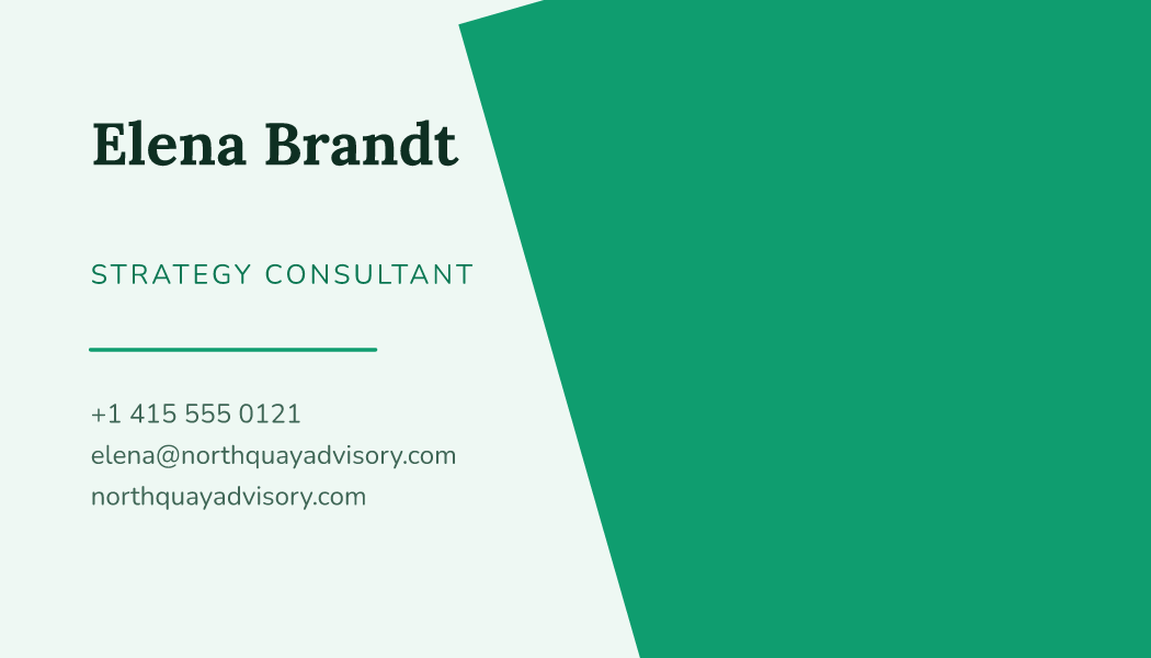 The Jade Asymmetric business card design filled in for Elena Brandt, Strategy Consultant at Northquay Advisory, with a phone number, an email, a website and a QR code.