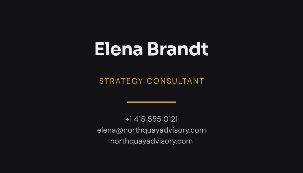 The Obsidian Centred business card design filled in for Elena Brandt, Strategy Consultant at Northquay Advisory, with a phone number, an email, a website and a QR code.