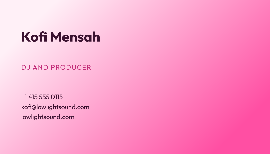 The Bubblegum Wash business card design filled in for Kofi Mensah, DJ and Producer at Lowlight Sound, with a phone number, an email, a website and a QR code.