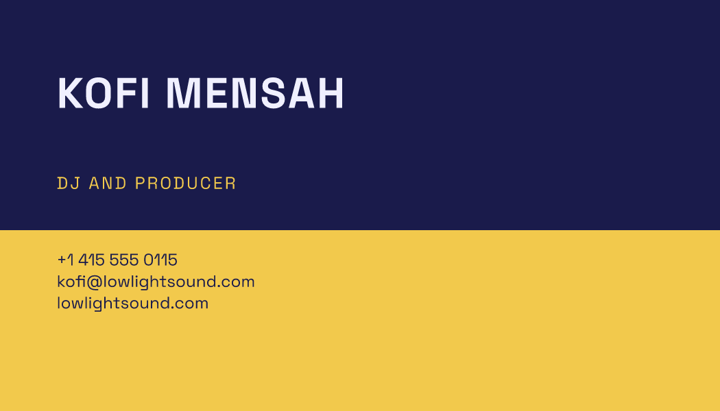 The Royal Block business card design filled in for Kofi Mensah, DJ and Producer at Lowlight Sound, with a phone number, an email, a website and a QR code.