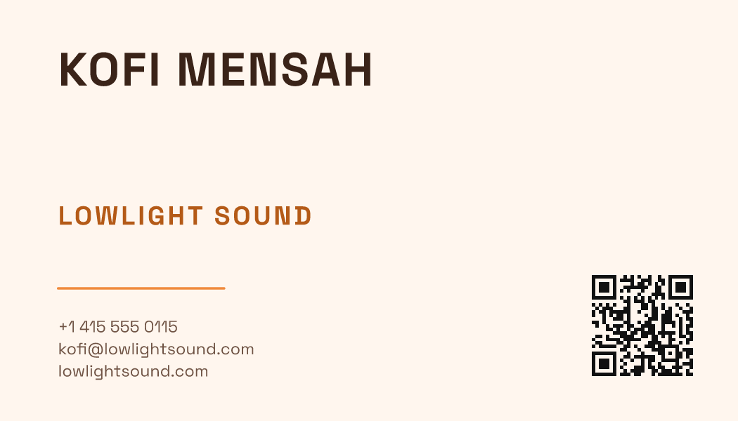 The Sunset Poster Type business card design filled in for Kofi Mensah, DJ and Producer at Lowlight Sound, with a phone number, an email, a website and a QR code.