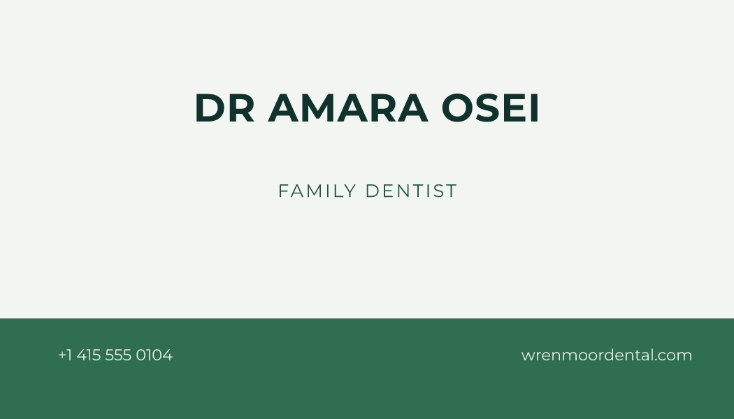 The Forest Bottom Bar business card design filled in for Dr Amara Osei, Family Dentist at Wrenmoor Dental, with a phone number, an email, a website and a QR code.