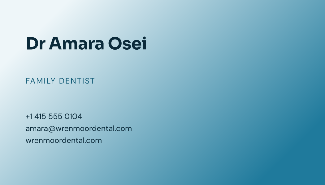 The Ocean Wash business card design filled in for Dr Amara Osei, Family Dentist at Wrenmoor Dental, with a phone number, an email, a website and a QR code.
