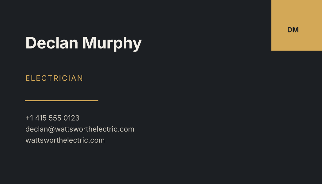 The Graphite Tab business card design filled in for Declan Murphy, Electrician at Wattsworth Electric, with a phone number, an email, a website and a QR code.
