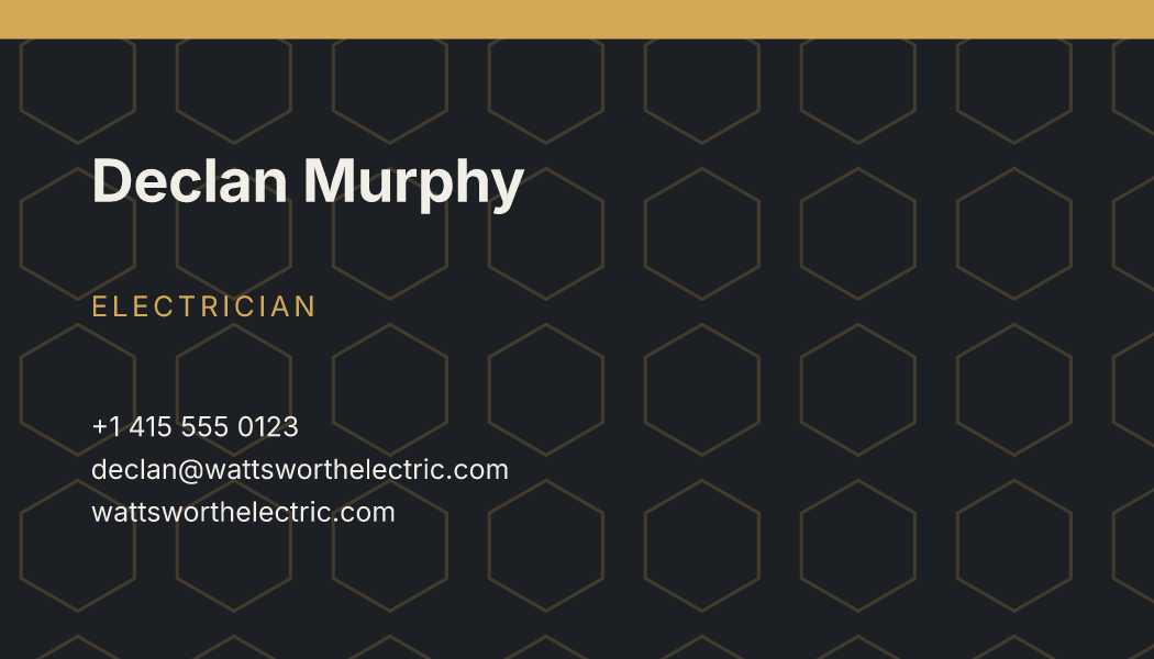 The Graphite Circuit business card design filled in for Declan Murphy, Electrician at Wattsworth Electric, with a phone number, an email, a website and a QR code.