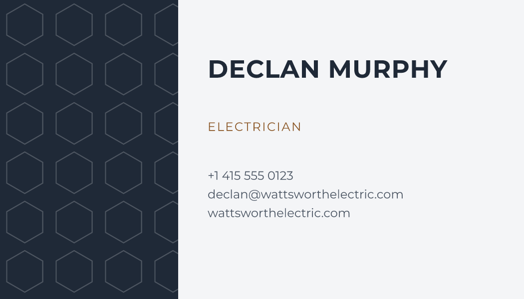 The Slate & Copper Panel business card design filled in for Declan Murphy, Electrician at Wattsworth Electric, with a phone number, an email, a website and a QR code.