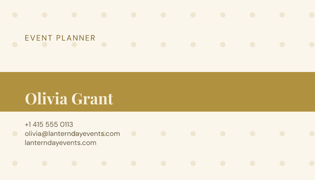 The Champagne Ribbon business card design filled in for Olivia Grant, Event Planner at Lanternday Events, with a phone number, an email, a website and a QR code.