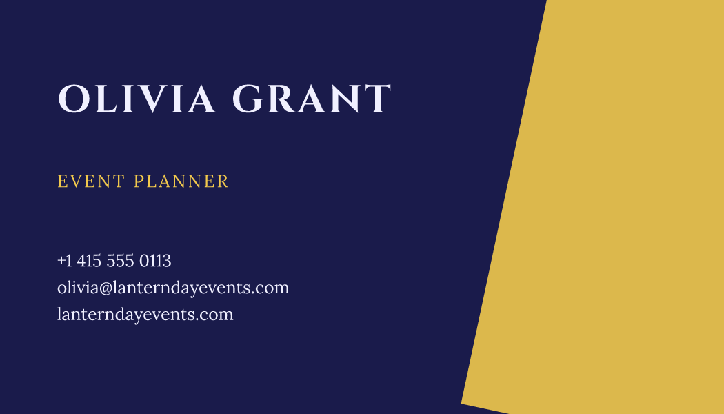 The Royal Spotlight business card design filled in for Olivia Grant, Event Planner at Lanternday Events, with a phone number, an email, a website and a QR code.