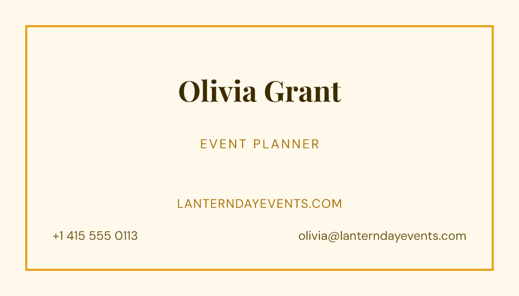 The Saffron Frame business card design filled in for Olivia Grant, Event Planner at Lanternday Events, with a phone number, an email, a website and a QR code.