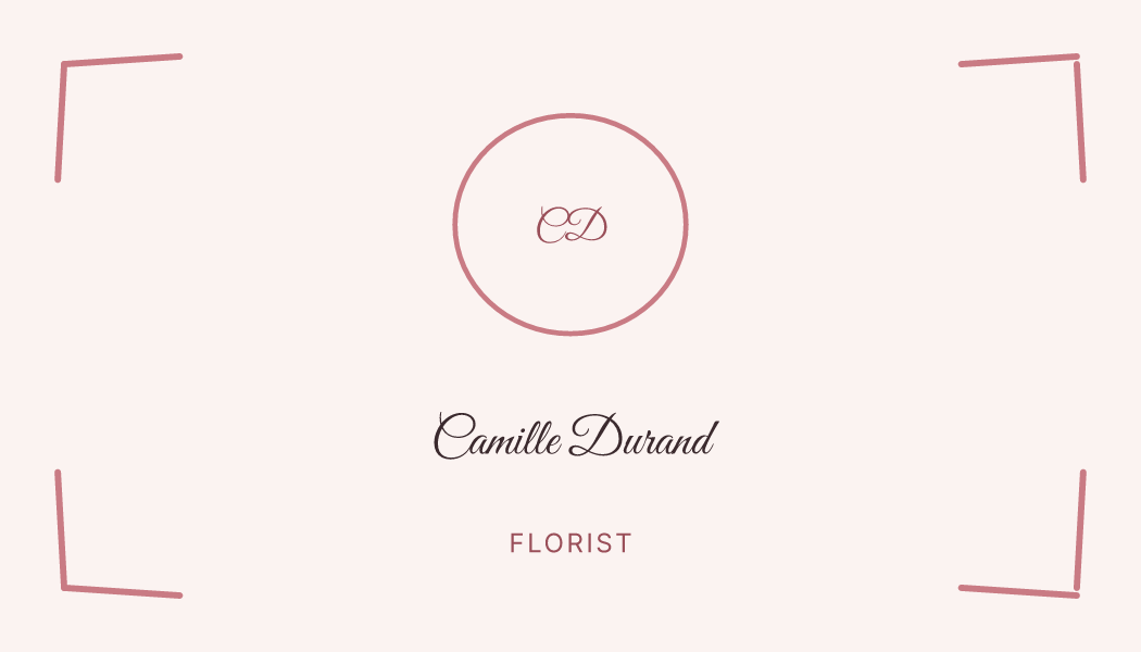 The Blush Sketch Frame business card design filled in for Camille Durand, Florist at Fernbuckle Flowers, with a phone number, an email, a website and a QR code.