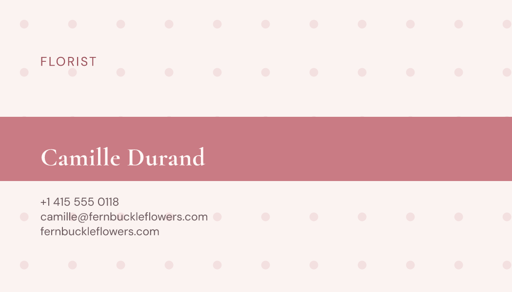 The Blush Ribbon business card design filled in for Camille Durand, Florist at Fernbuckle Flowers, with a phone number, an email, a website and a QR code.
