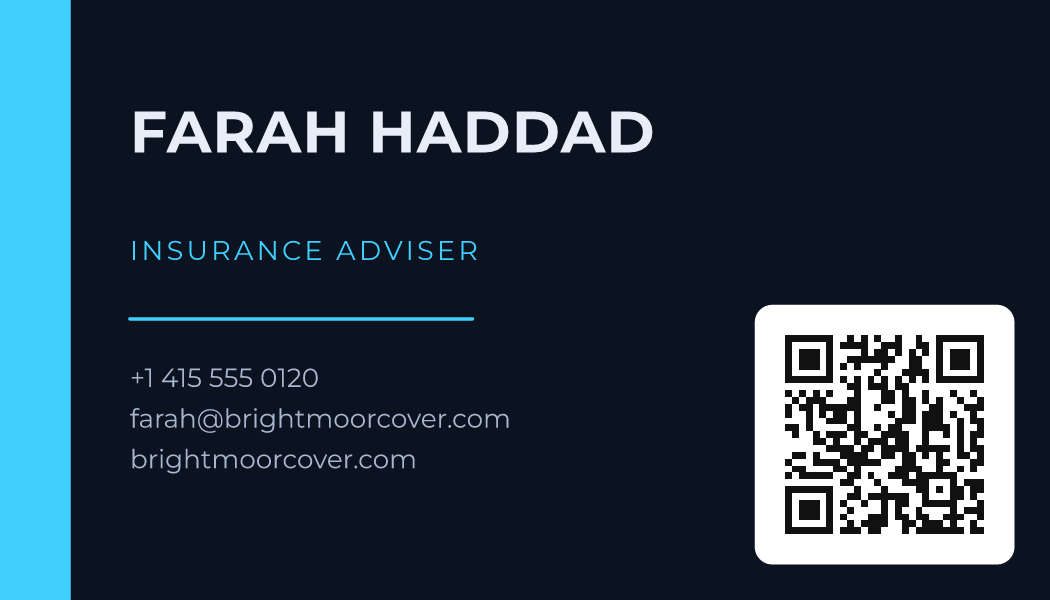 The Circuit Blue Band business card design filled in for Farah Haddad, Insurance Adviser at Brightmoor Cover, with a phone number, an email, a website and a QR code.