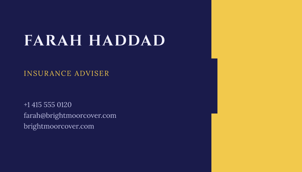 The Royal Blocks business card design filled in for Farah Haddad, Insurance Adviser at Brightmoor Cover, with a phone number, an email, a website and a QR code.