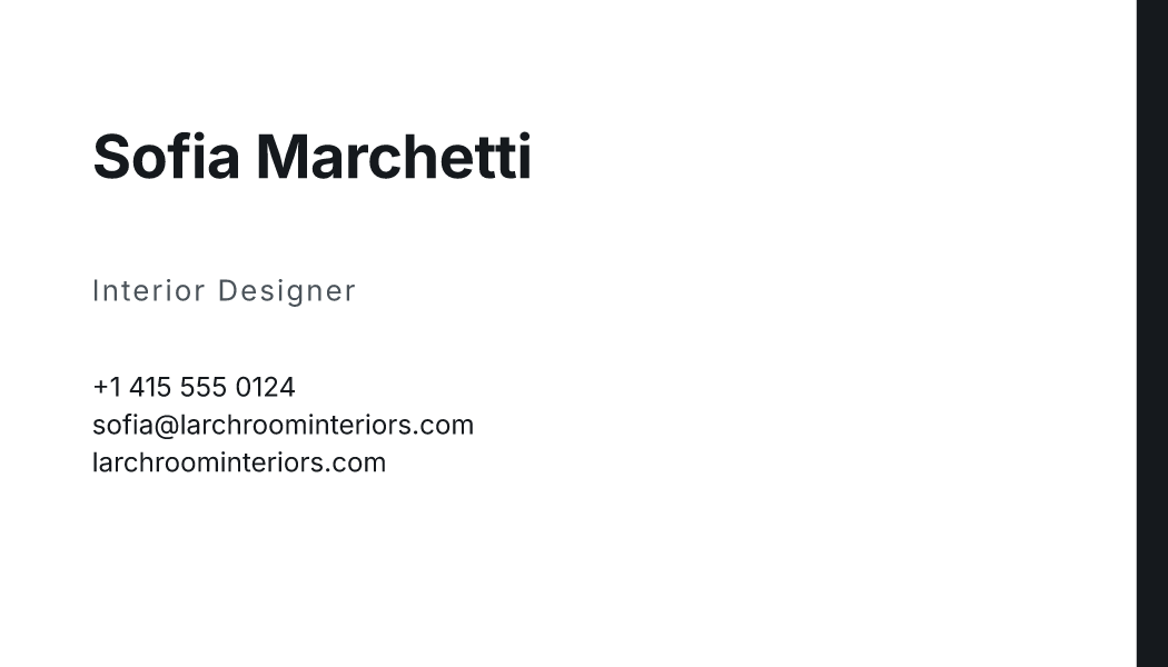 The Paper & Ink Edge business card design filled in for Sofia Marchetti, Interior Designer at Larchroom Interiors, with a phone number, an email, a website and a QR code.