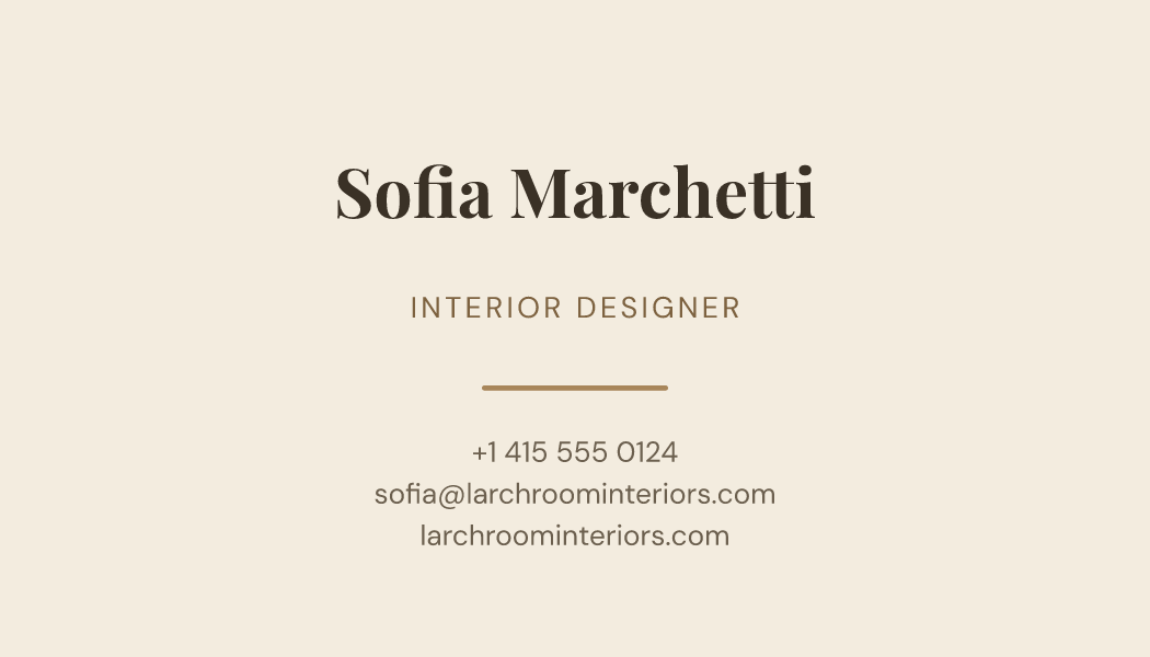 The Sand Centred business card design filled in for Sofia Marchetti, Interior Designer at Larchroom Interiors, with a phone number, an email, a website and a QR code.