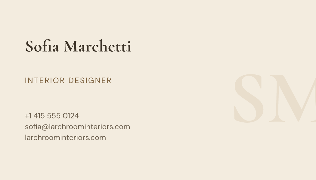 The Sand Monogram business card design filled in for Sofia Marchetti, Interior Designer at Larchroom Interiors, with a phone number, an email, a website and a QR code.