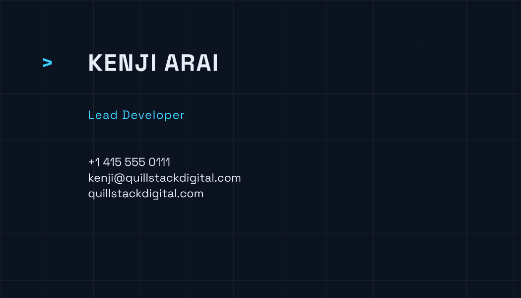 The Circuit Blue Terminal business card design filled in for Kenji Arai, Lead Developer at Quillstack Digital, with a phone number, an email, a website and a QR code.