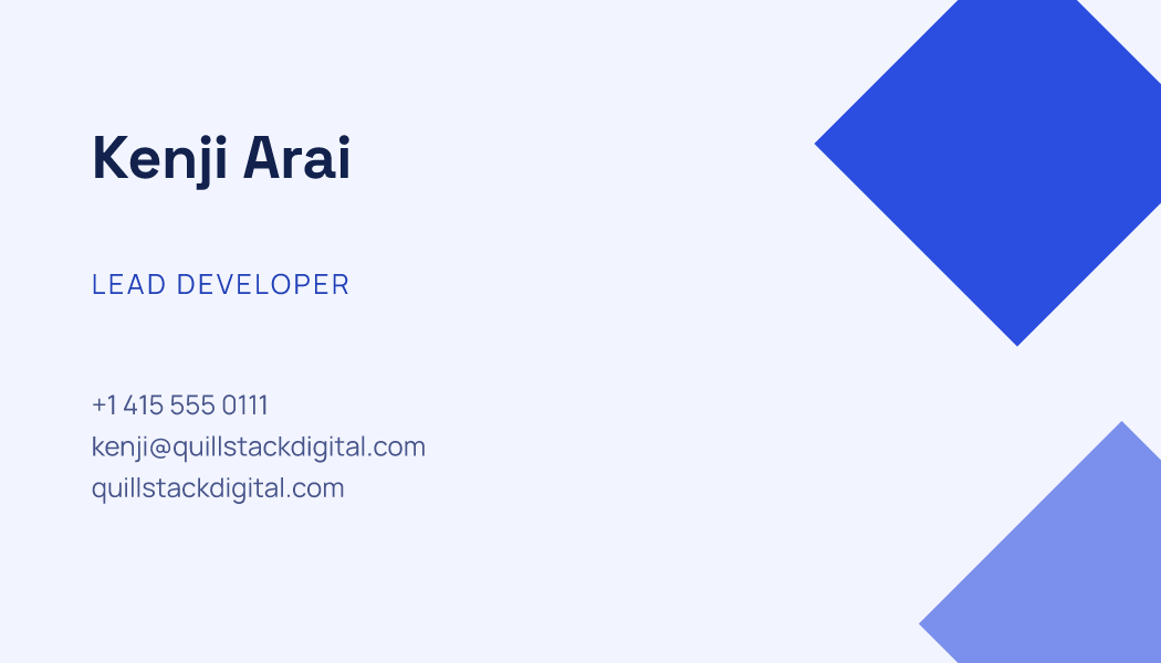 The Cobalt Facet business card design filled in for Kenji Arai, Lead Developer at Quillstack Digital, with a phone number, an email, a website and a QR code.