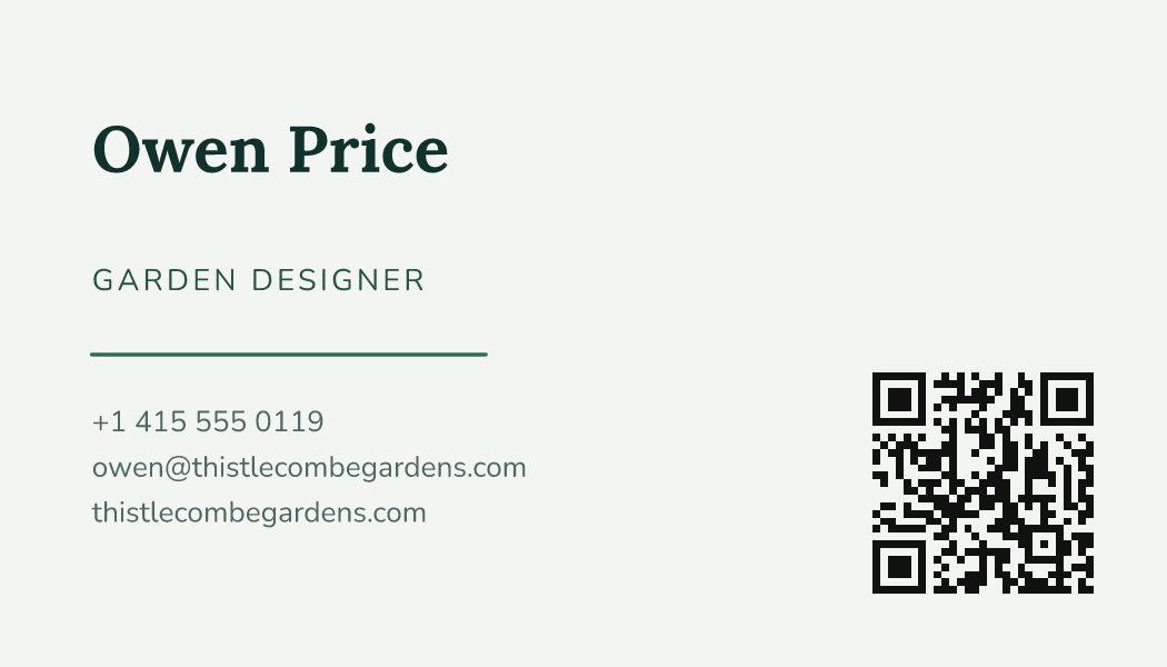 The Forest Classic business card design filled in for Owen Price, Garden Designer at Thistlecombe Gardens, with a phone number, an email, a website and a QR code.